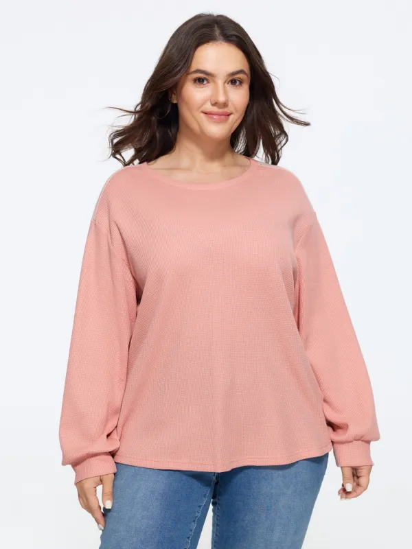 Color Block Waffle Knit Crew Neck Sweatshirt made by Bloomchic