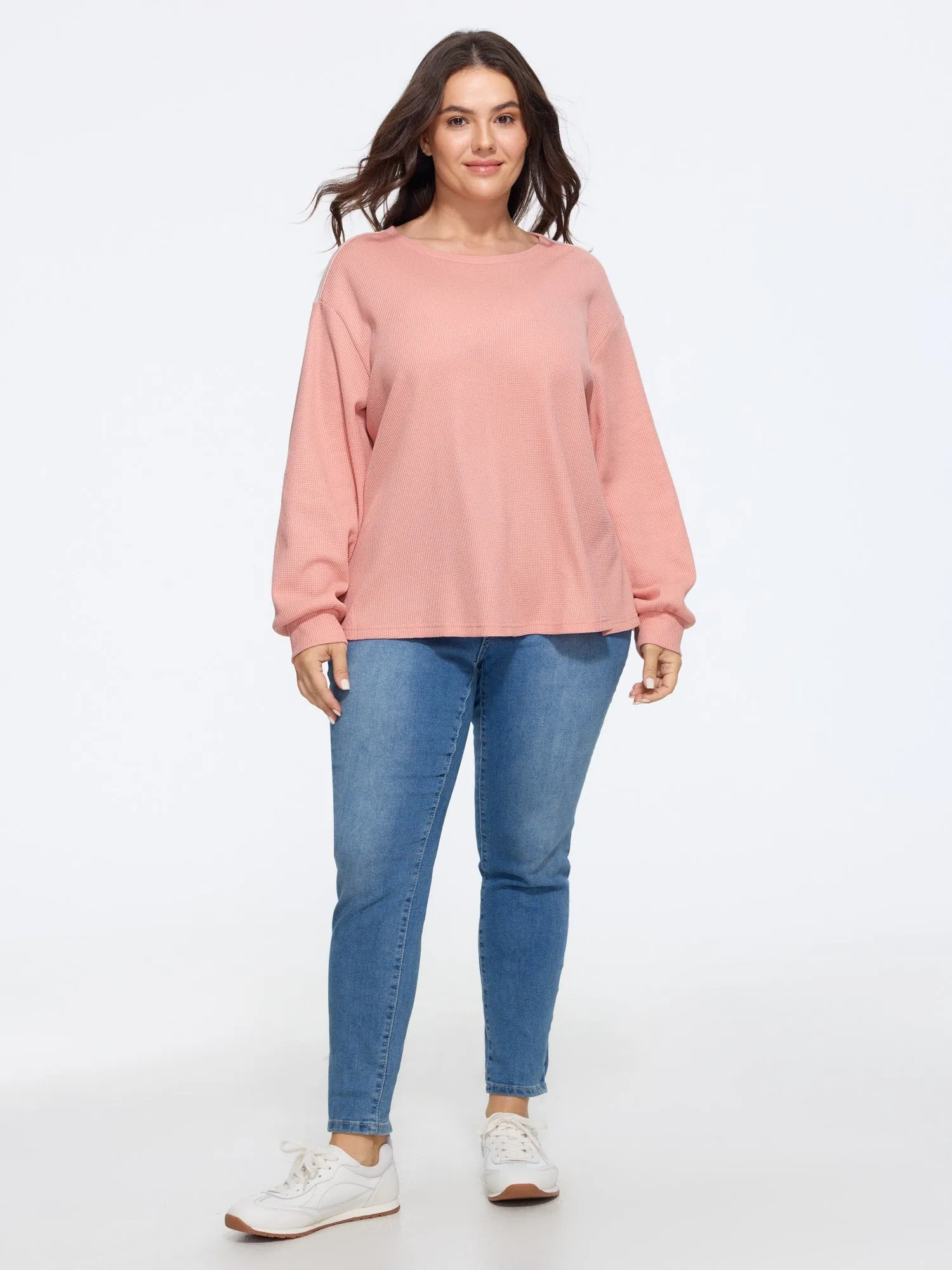Color Block Waffle Knit Crew Neck Sweatshirt sold by Bloomchic product image thumbnail 4