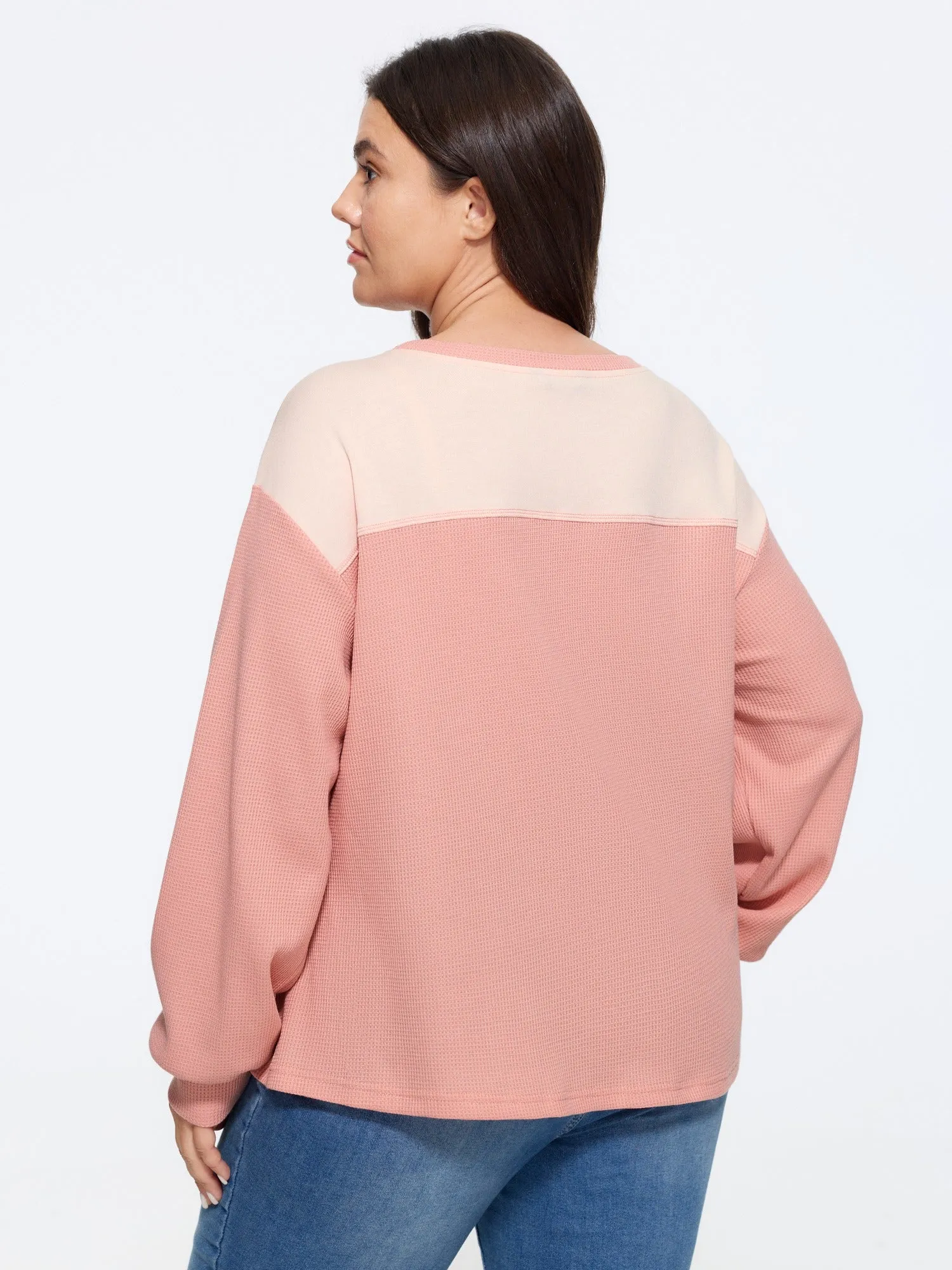 Color Block Waffle Knit Crew Neck Sweatshirt sold by Bloomchic product image thumbnail 3