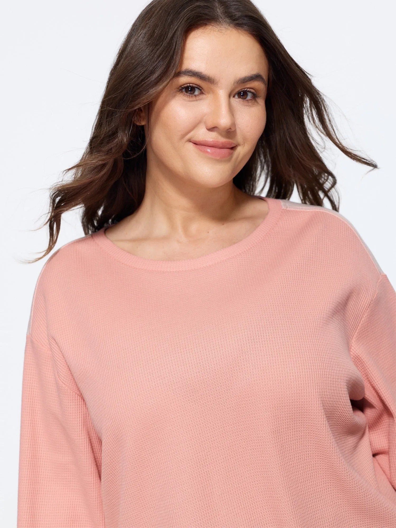 Color Block Waffle Knit Crew Neck Sweatshirt sold by Bloomchic product image thumbnail 2