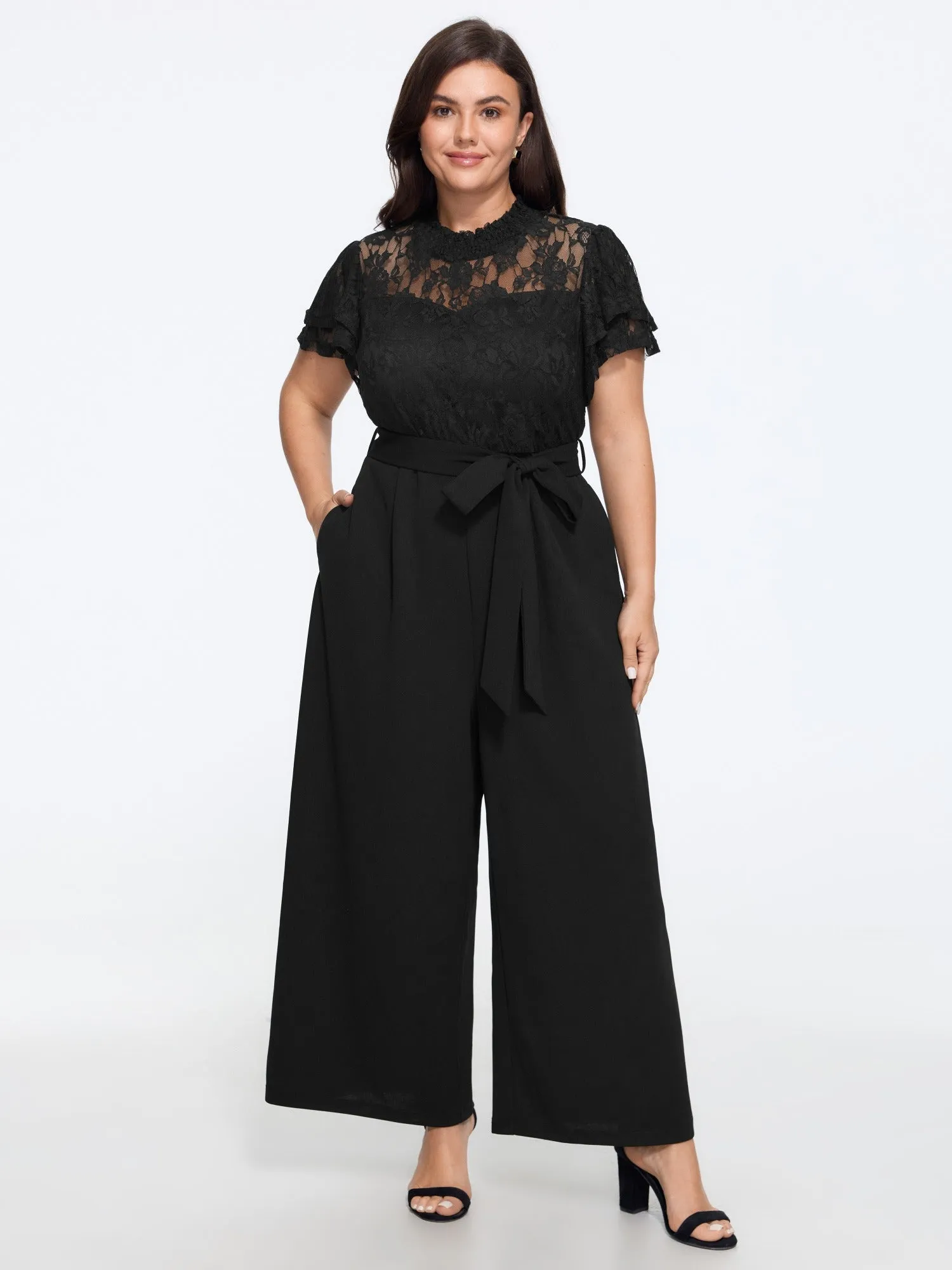 Lace Trim Short Sleeve Tie Waist Wide Leg Jumpsuit sold by Bloomchic