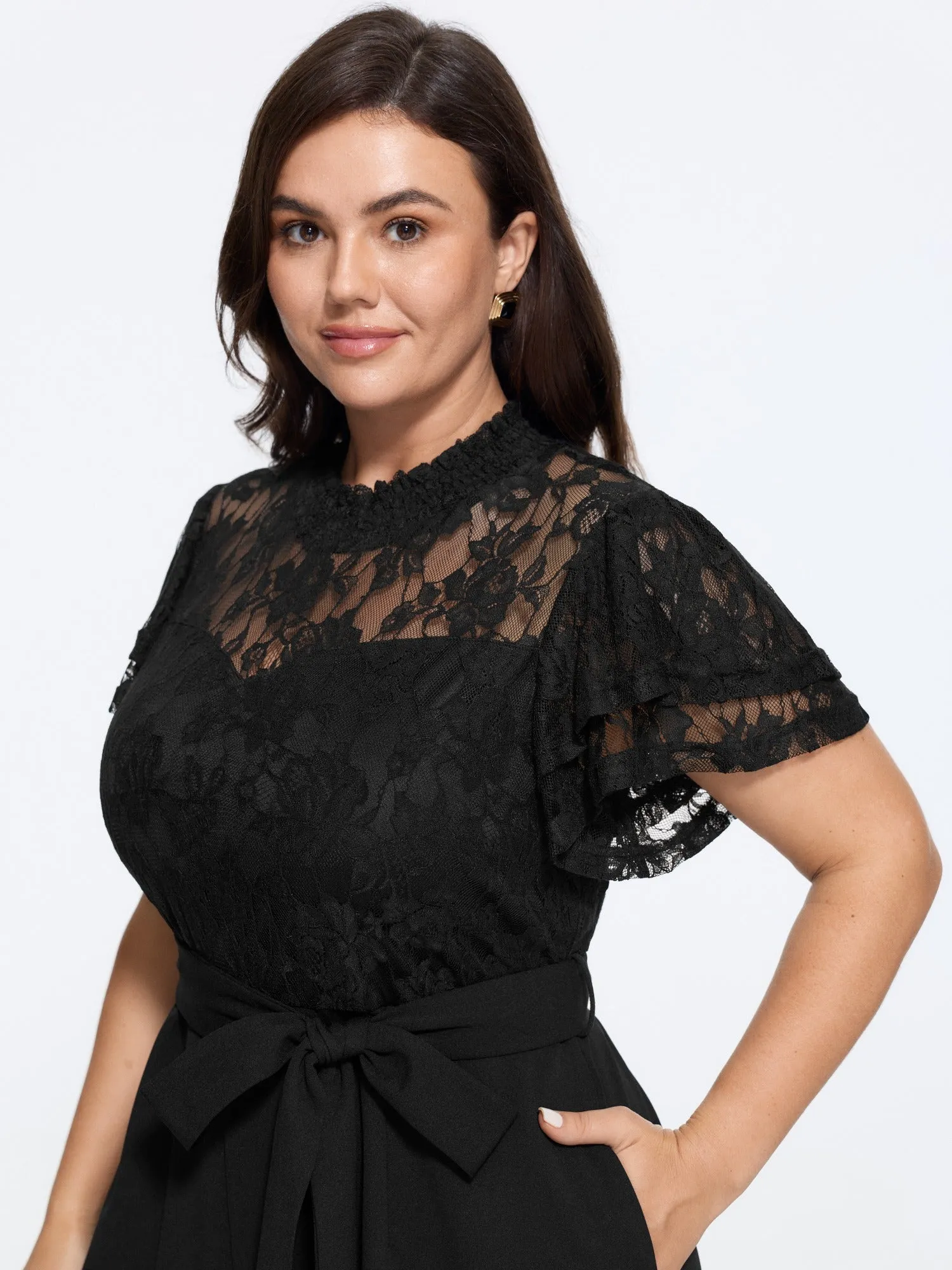 Lace Trim Short Sleeve Tie Waist Wide Leg Jumpsuit sold by Bloomchic product image thumbnail 2