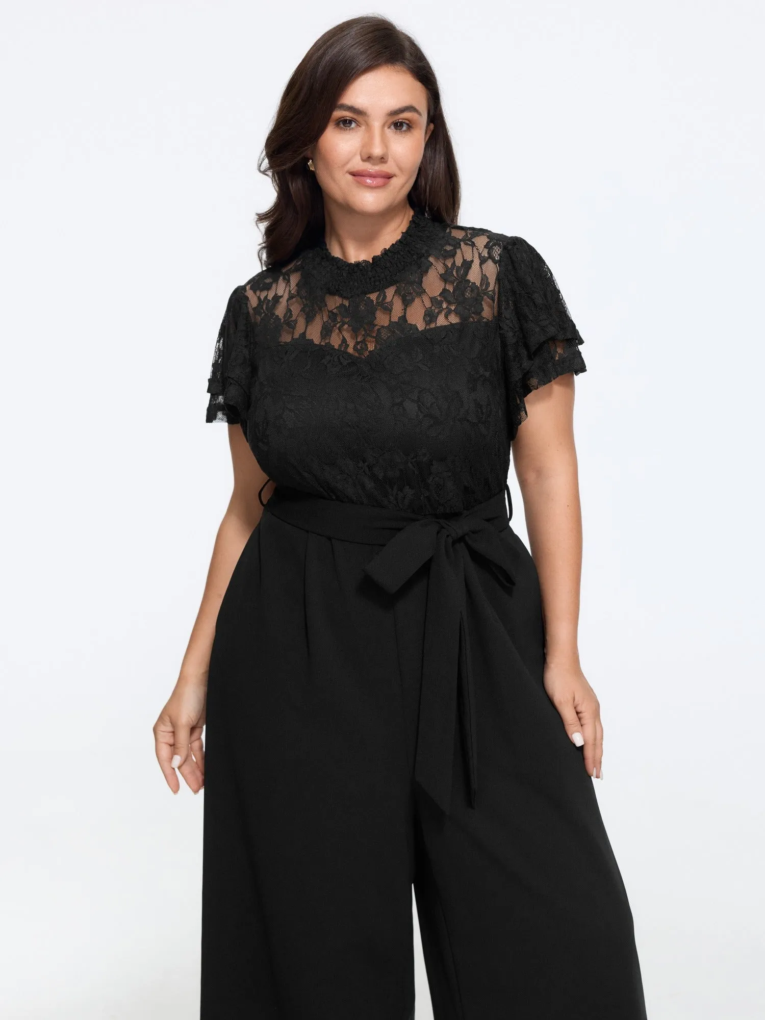 Lace Trim Short Sleeve Tie Waist Wide Leg Jumpsuit sold by Bloomchic product image thumbnail 4