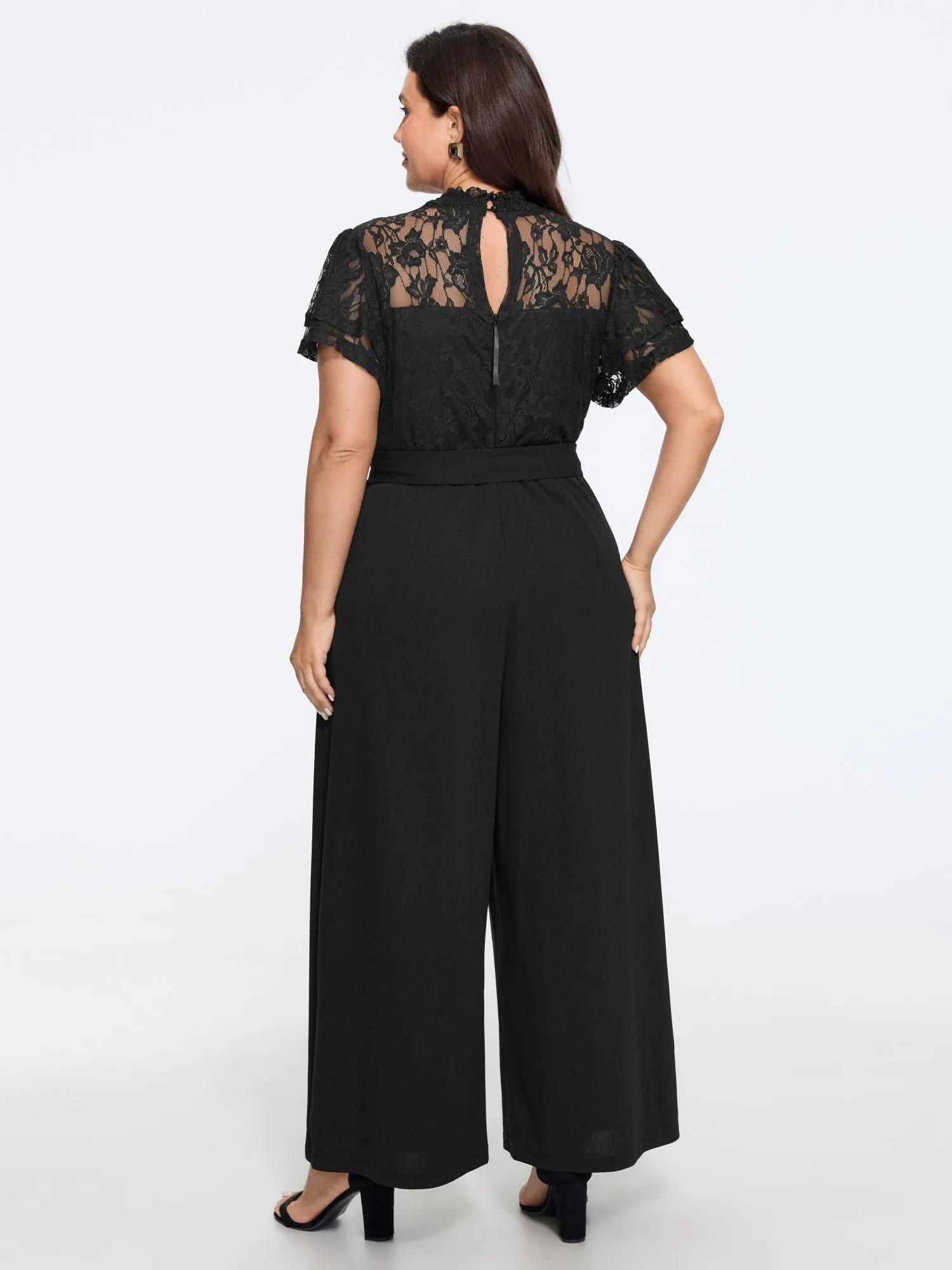 Lace Trim Short Sleeve Tie Waist Wide Leg Jumpsuit sold by Bloomchic product image thumbnail 3
