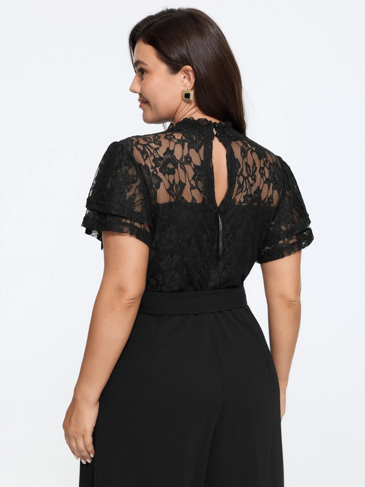 Lace Trim Short Sleeve Tie Waist Wide Leg Jumpsuit sold by Bloomchic product image thumbnail 5