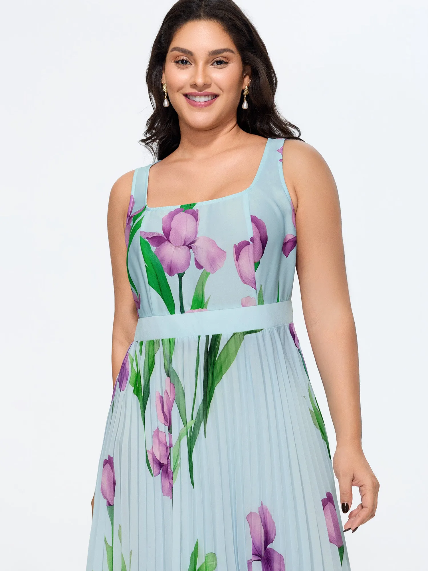 Floral Print Square Neck Sleeveless Pleated Midi Dress sold by Bloomchic product image thumbnail 3