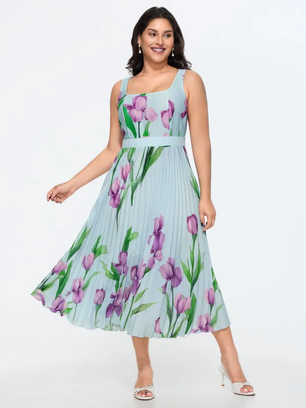 Floral Print Square Neck Sleeveless Pleated Midi Dress made by Bloomchic
