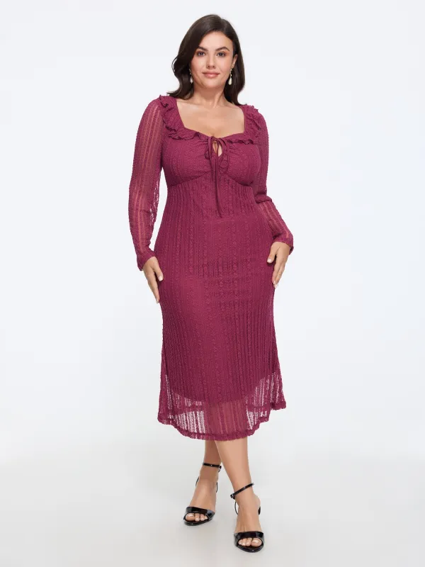 Lace Mesh Square Neck Ruffle Tie Front Midi Dress made by Bloomchic