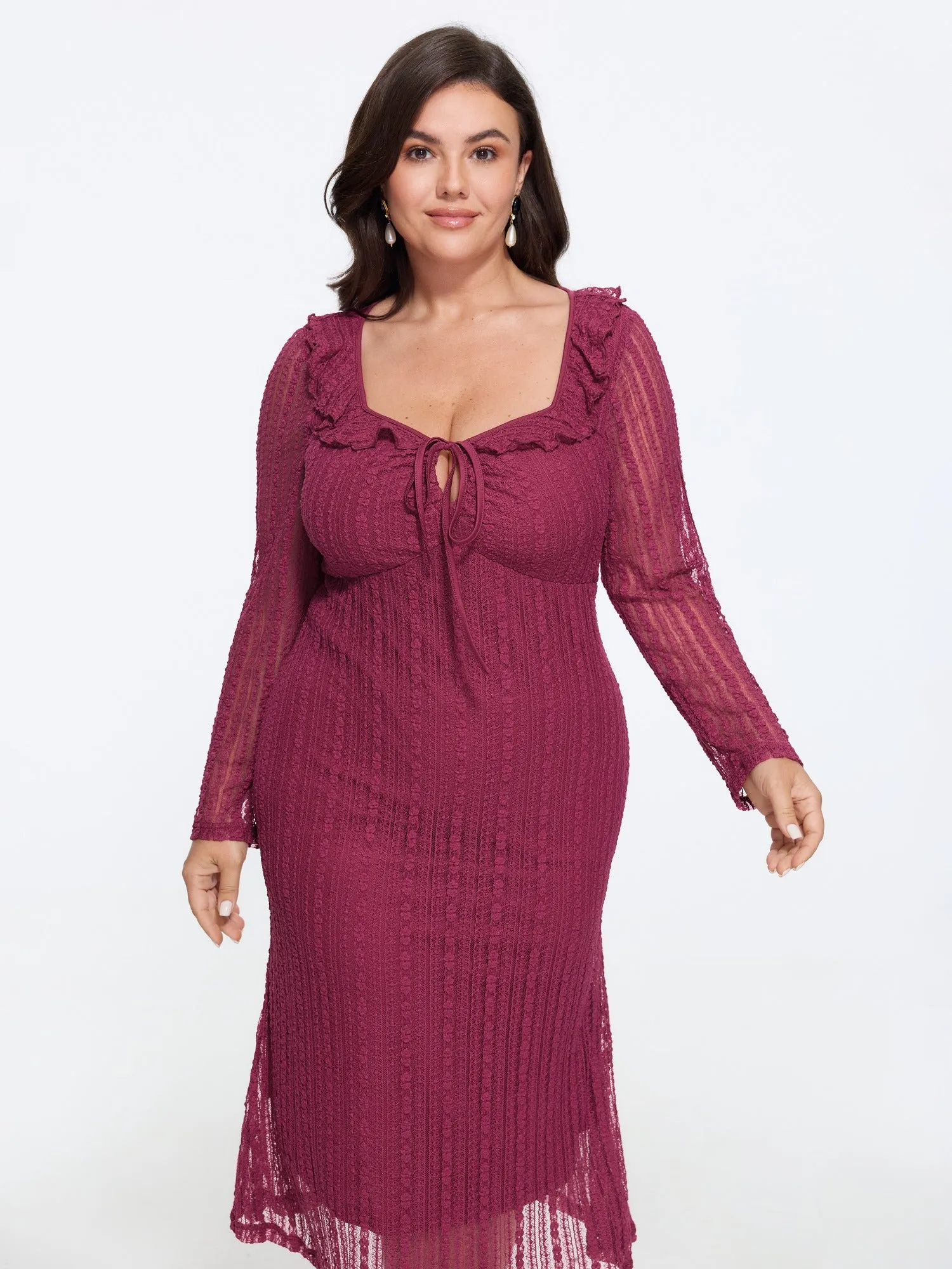Lace Mesh Square Neck Ruffle Tie Front Midi Dress sold by Bloomchic product image thumbnail 4