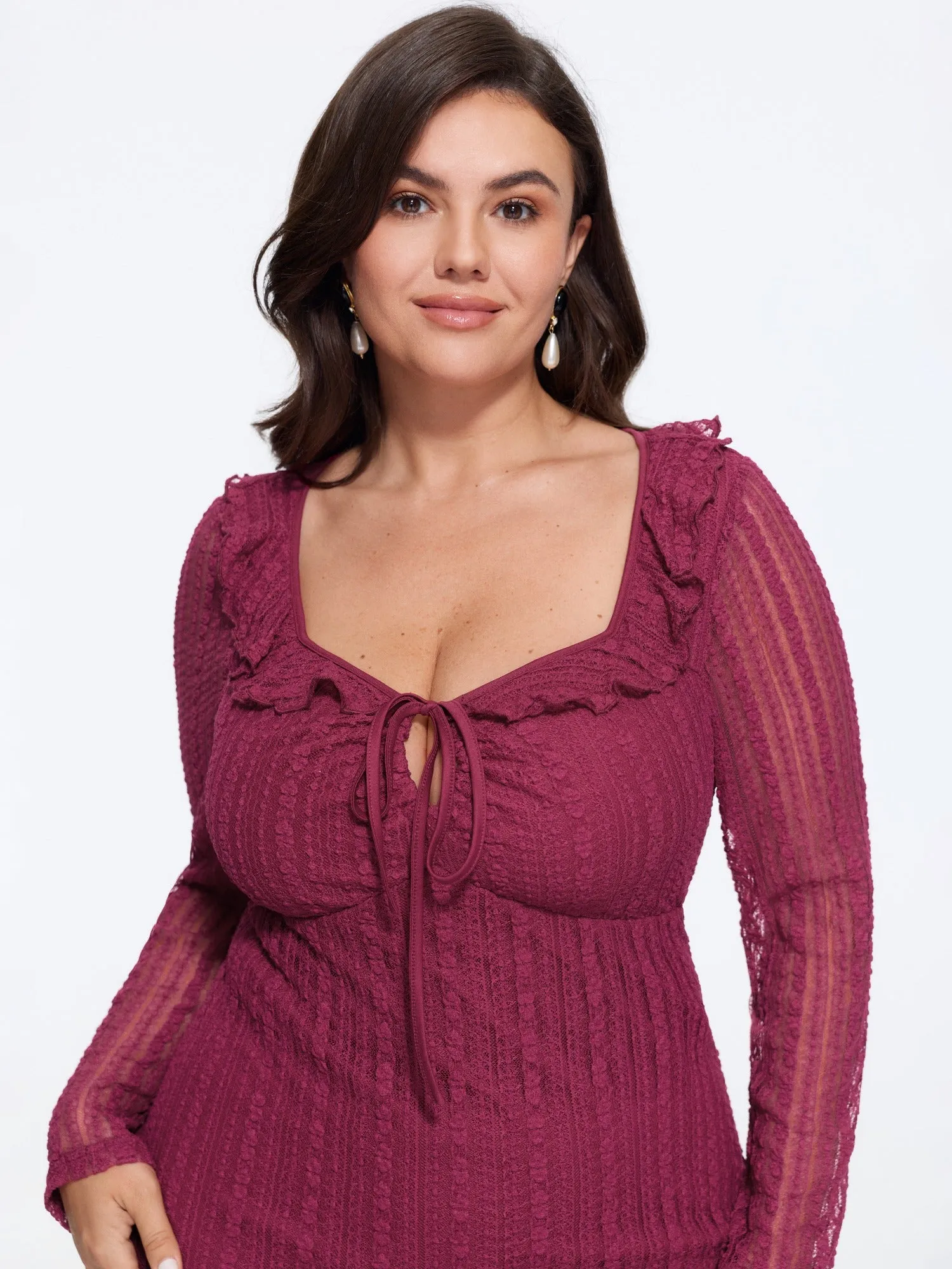Lace Mesh Square Neck Ruffle Tie Front Midi Dress sold by Bloomchic product image thumbnail 2