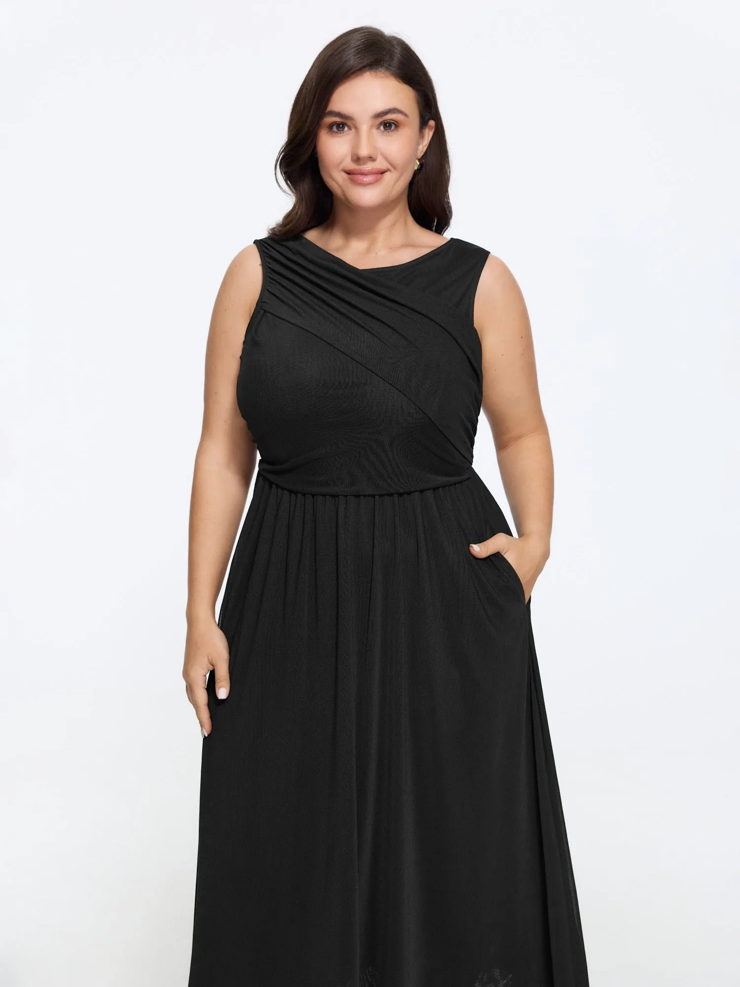 Solid Sleeveless Round Neck Mesh Midi Dress sold by Bloomchic product image thumbnail 4
