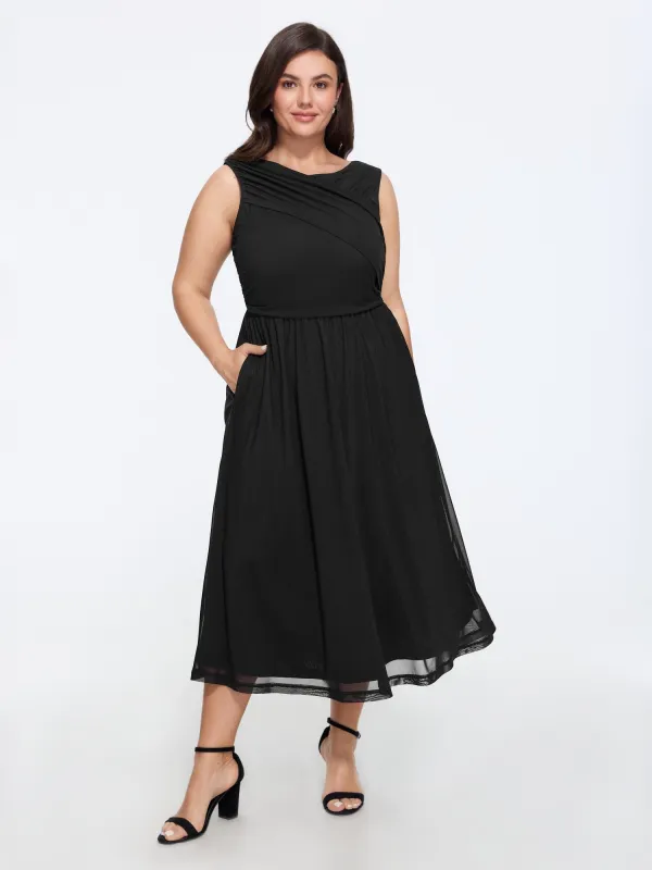 Solid Sleeveless Round Neck Mesh Midi Dress made by Bloomchic