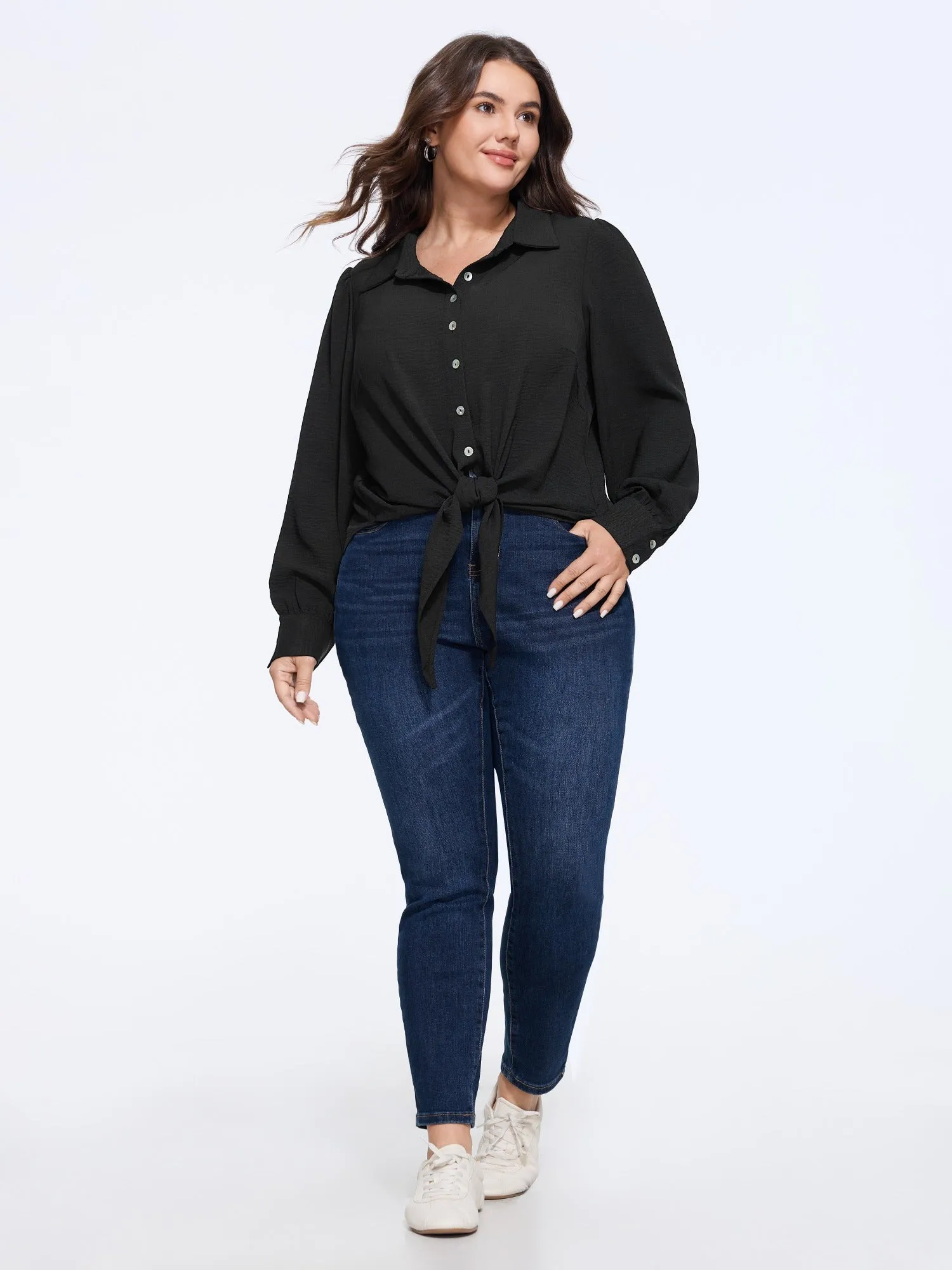 Solid Collared Long Sleeve Tie Hem Blouse sold by Bloomchic product image thumbnail 5