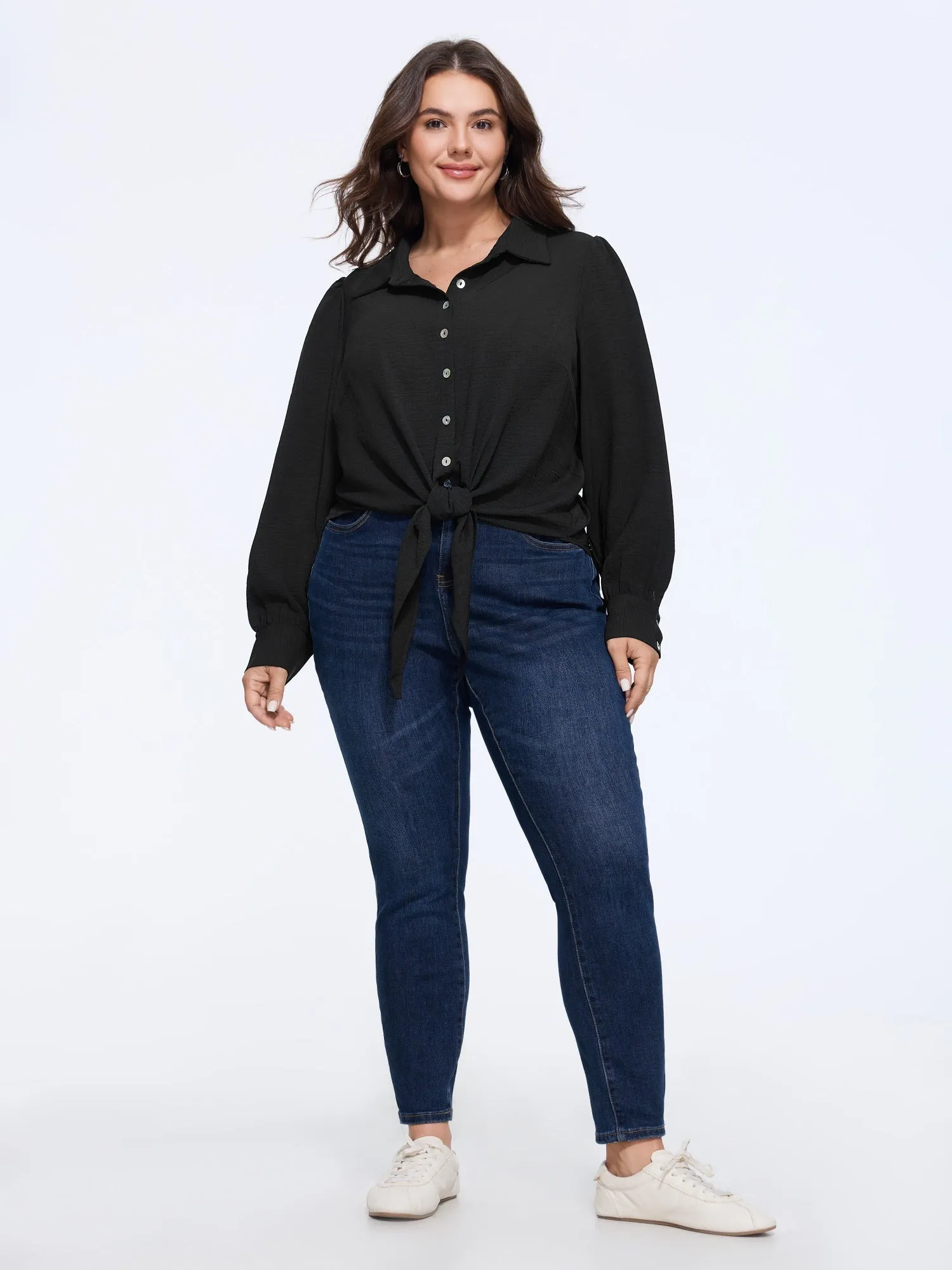 Solid Collared Long Sleeve Tie Hem Blouse sold by Bloomchic product image thumbnail 4
