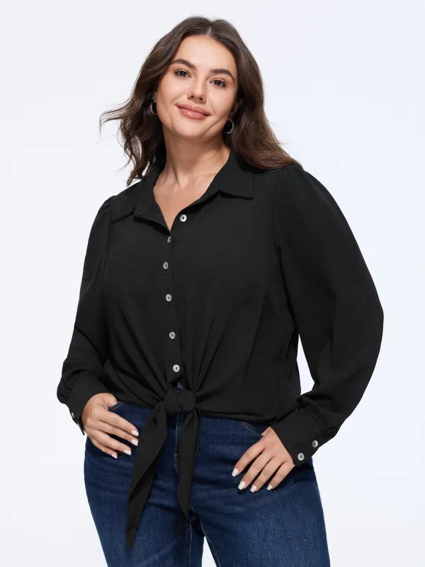 Solid Collared Long Sleeve Tie Hem Blouse made by Bloomchic