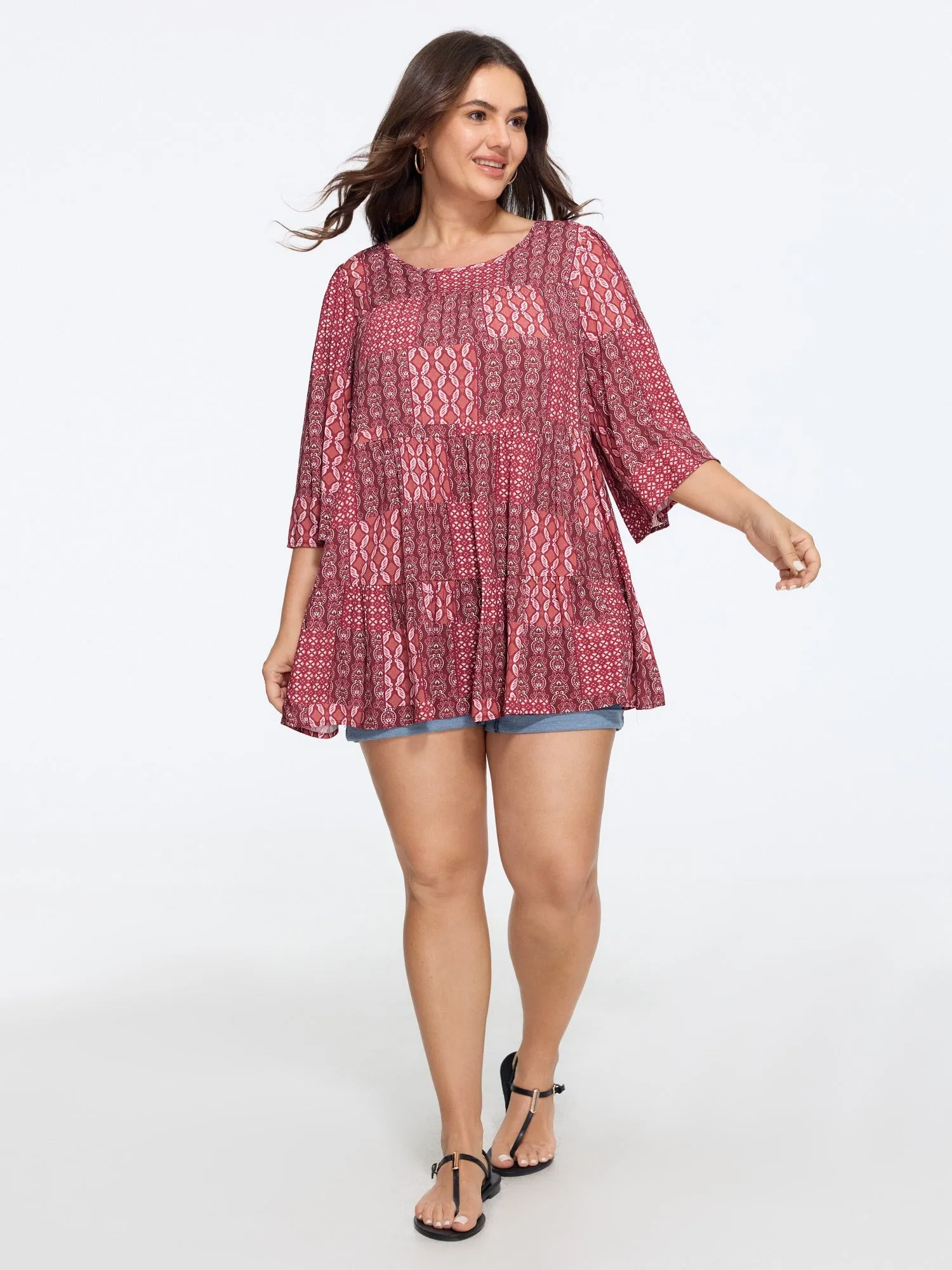 Boho Print Round Neck Tiered Blouse sold by Bloomchic product image thumbnail 4