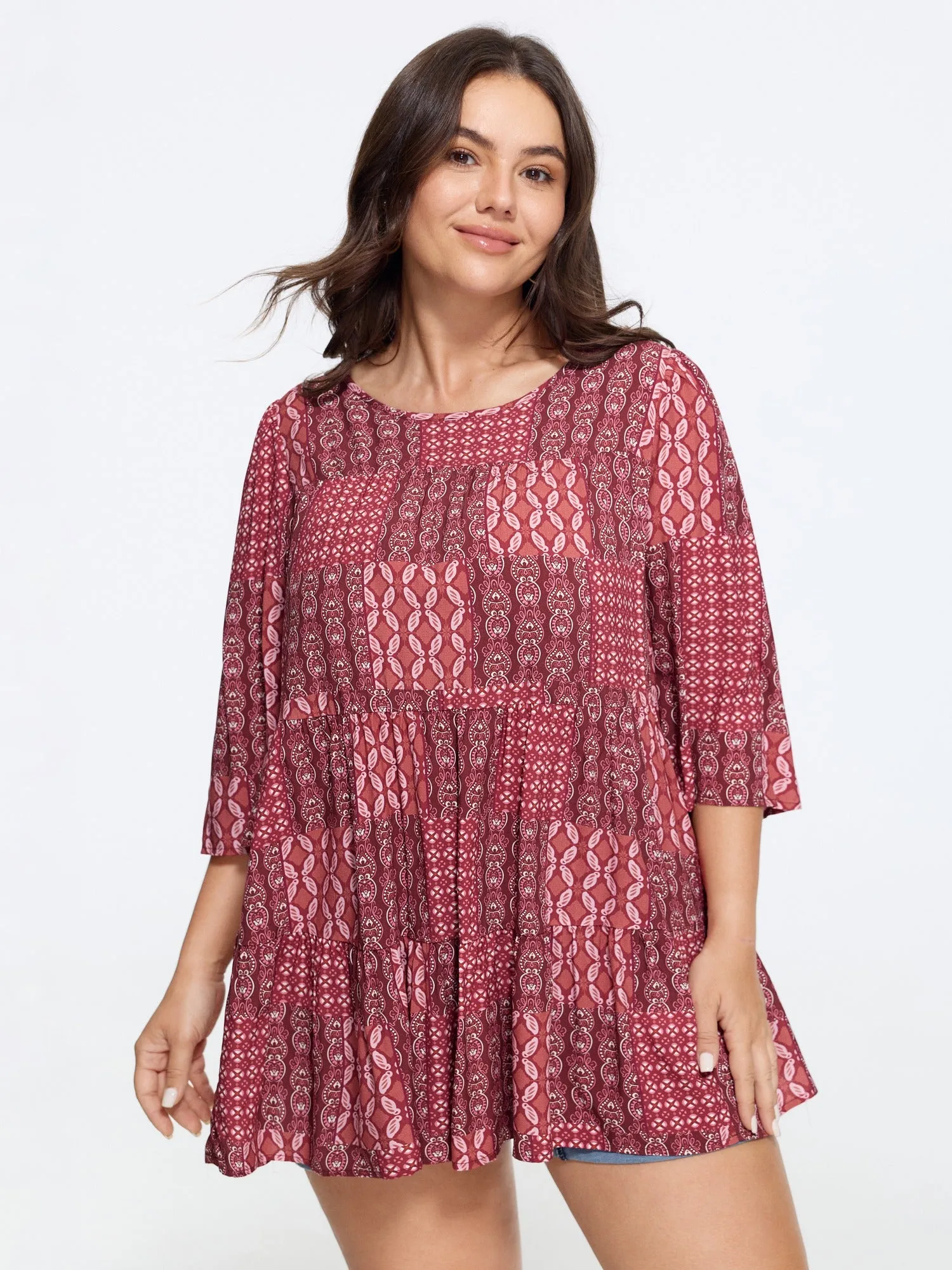 Boho Print Round Neck Tiered Blouse sold by Bloomchic