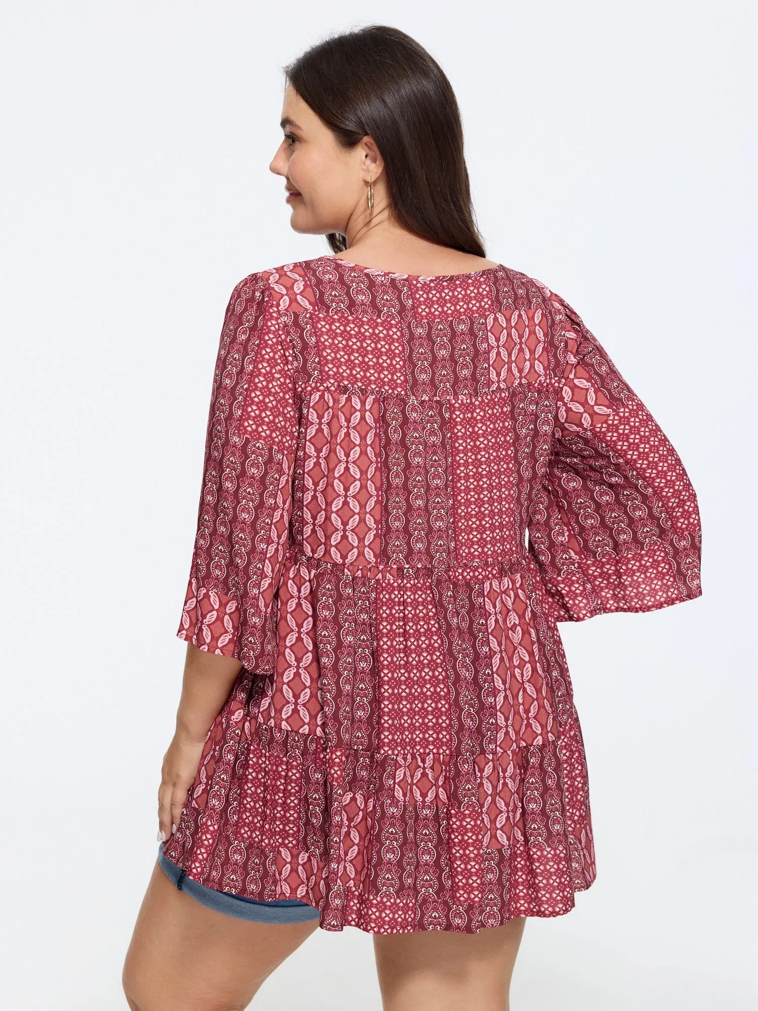 Boho Print Round Neck Tiered Blouse sold by Bloomchic product image thumbnail 3