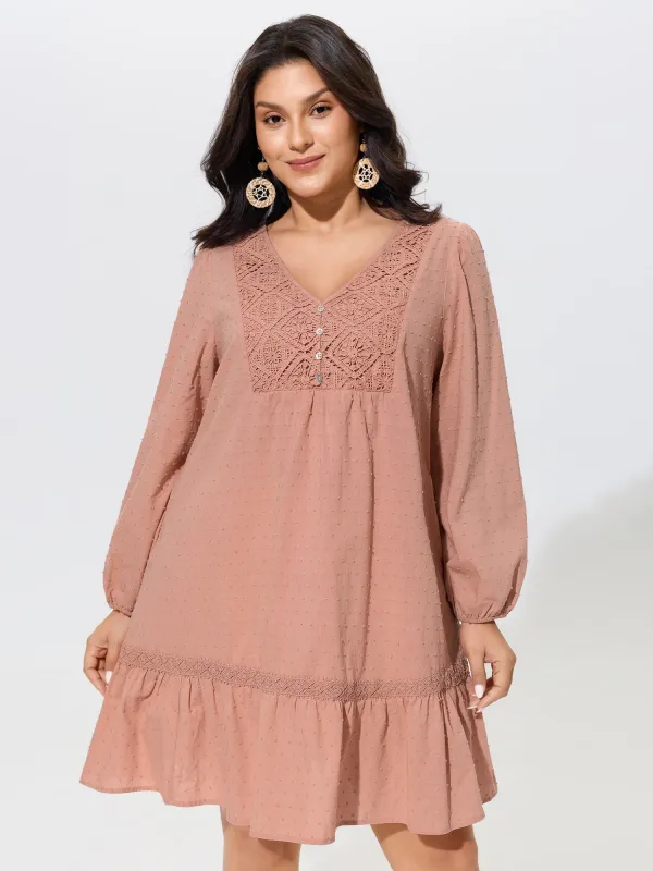 Cotton Textured Lace Detail V Neck Mini Dress made by Bloomchic