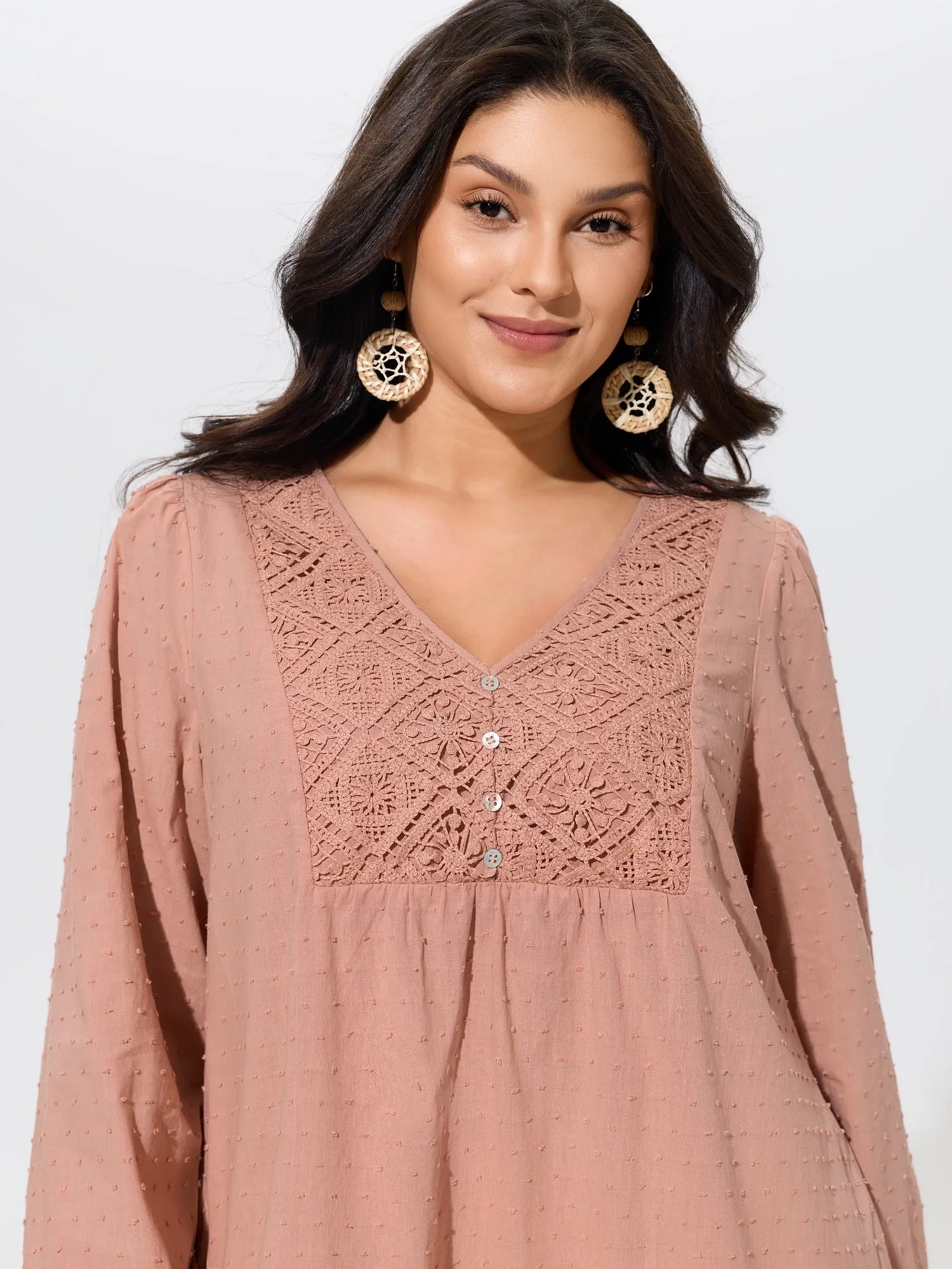 Cotton Textured Lace Detail V Neck Mini Dress sold by Bloomchic product image thumbnail 2