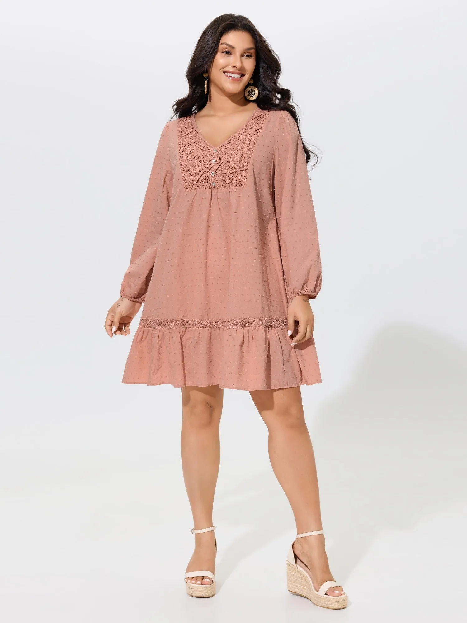 Cotton Textured Lace Detail V Neck Mini Dress sold by Bloomchic product image thumbnail 4