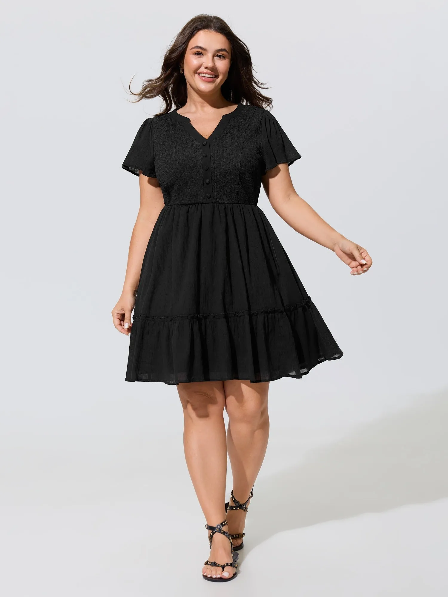 Cotton Stretchy Button Detail Tiered Mini Dress sold by Bloomchic product image thumbnail 4