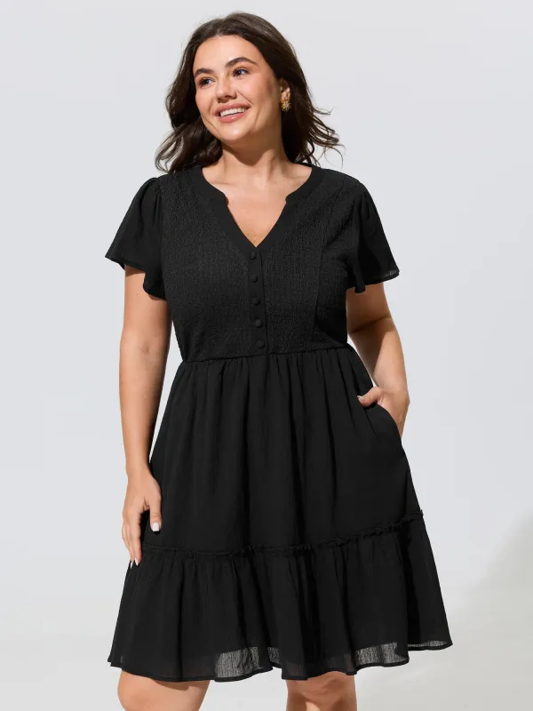Cotton Stretchy Button Detail Tiered Mini Dress made by Bloomchic