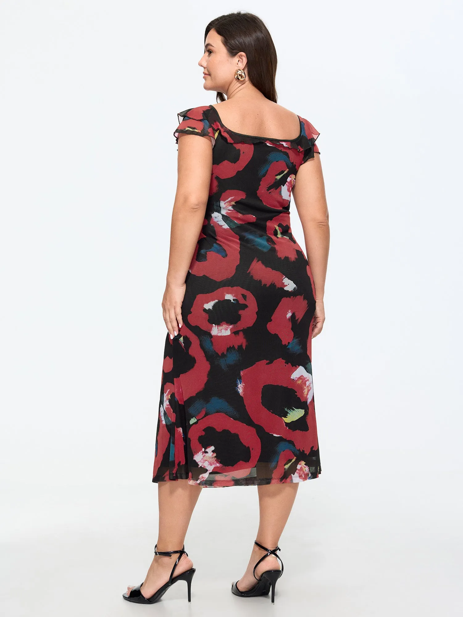 Abstract Print Mesh Ruffle Sleeves Midi Dress sold by Bloomchic product image thumbnail 4
