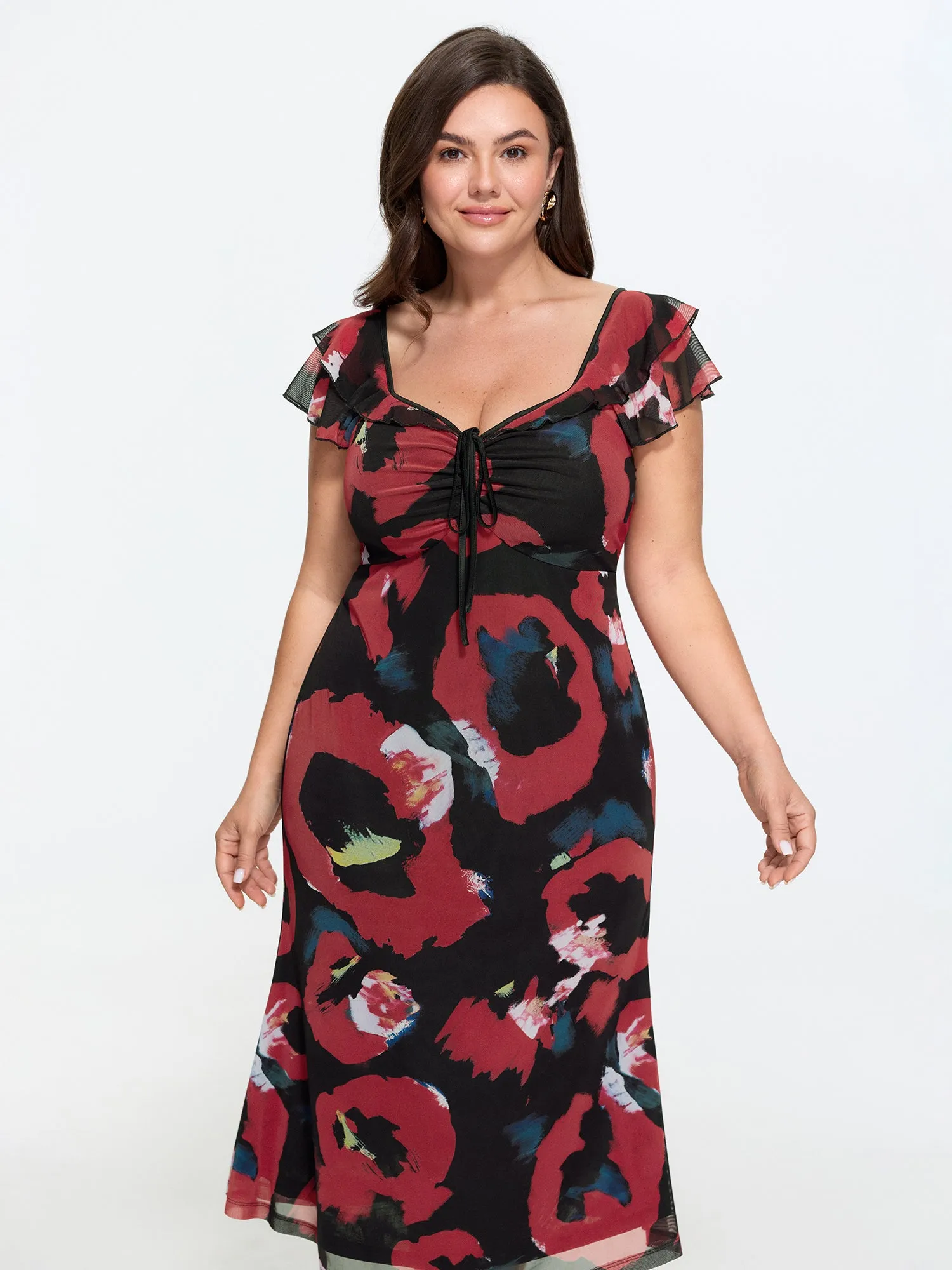 Abstract Print Mesh Ruffle Sleeves Midi Dress sold by Bloomchic product image thumbnail 3