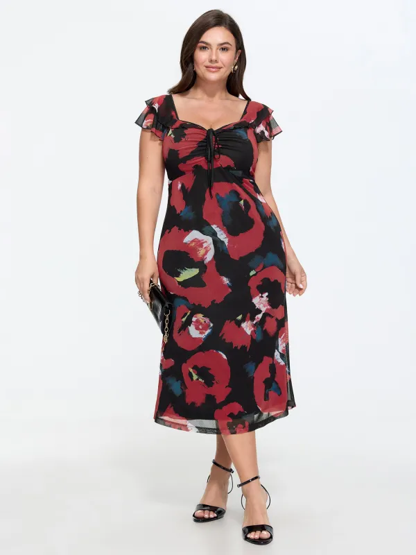Abstract Print Mesh Ruffle Sleeves Midi Dress made by Bloomchic