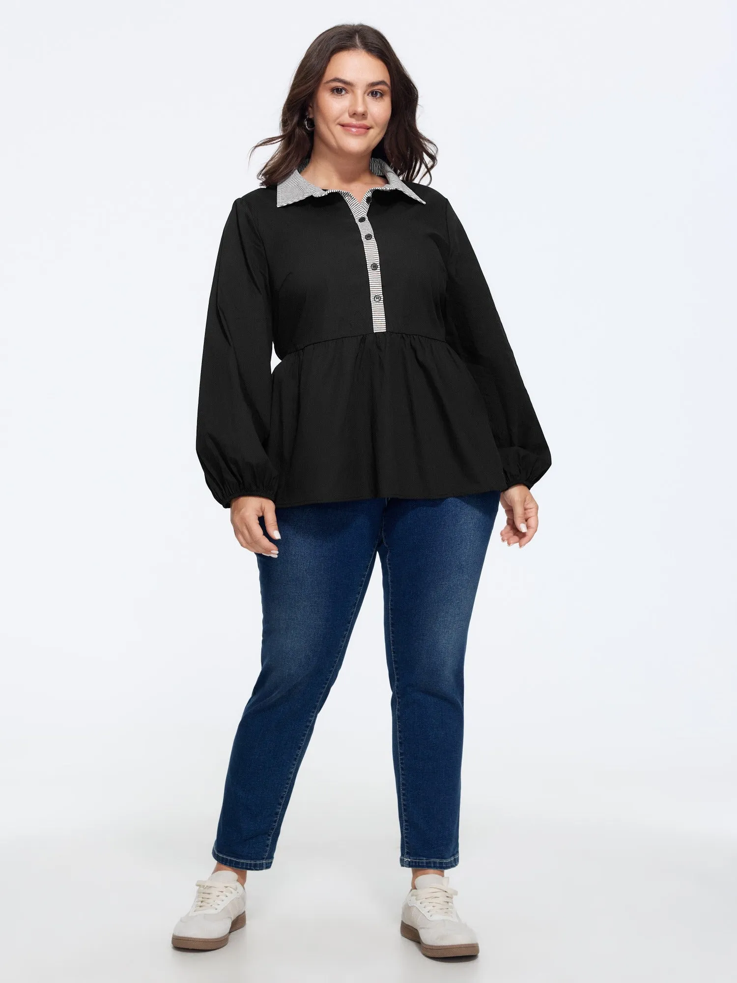 Cotton Striped Contrast Collar Button Down Blouse sold by Bloomchic product image thumbnail 4