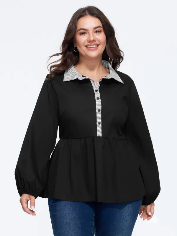 Cotton Striped Contrast Collar Button Down Blouse made by Bloomchic