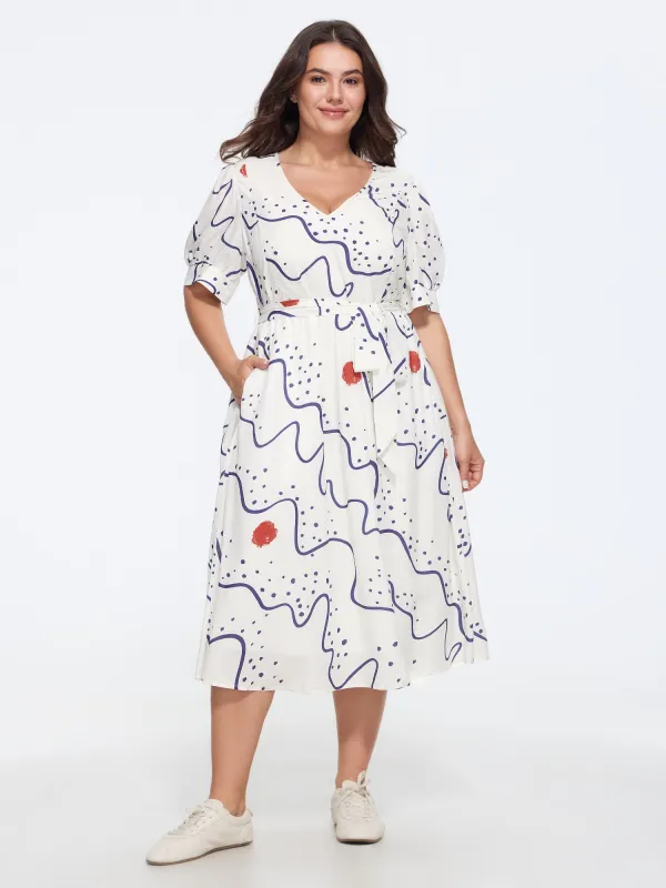Abstract Print V Neck Belted Midi Dress made by Bloomchic
