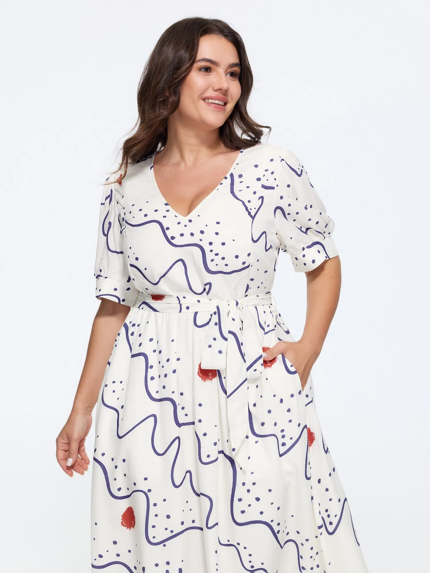 Abstract Print V Neck Belted Midi Dress sold by Bloomchic product image thumbnail 4