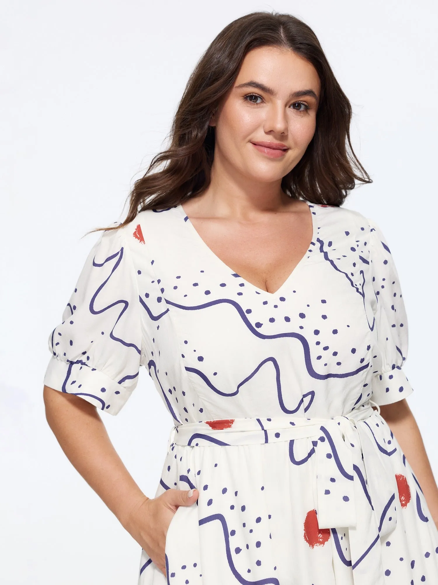 Abstract Print V Neck Belted Midi Dress sold by Bloomchic product image thumbnail 2
