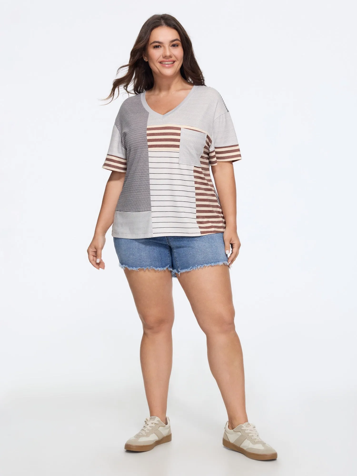Supersoft Color Block Stripe V Neck T-Shirt sold by Bloomchic product image thumbnail 4