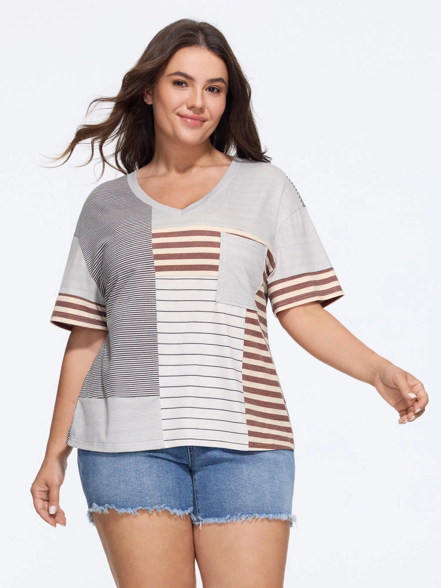 Supersoft Color Block Stripe V Neck T-Shirt sold by Bloomchic