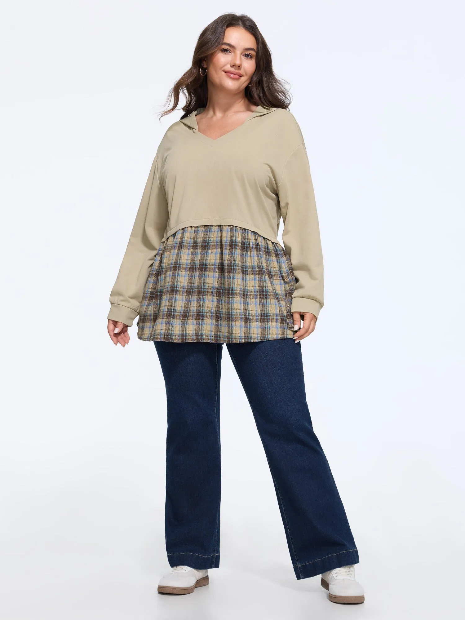 Color‑Block Plaid Patchwork Hooded Sweatshirt sold by Bloomchic product image thumbnail 4