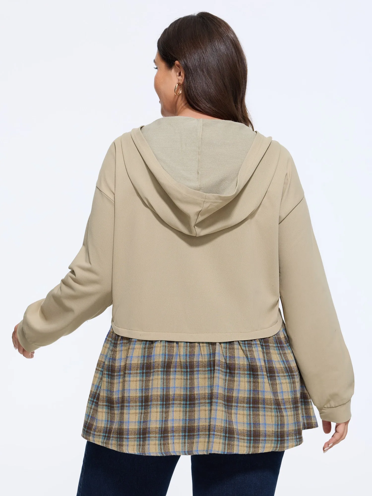 Color‑Block Plaid Patchwork Hooded Sweatshirt sold by Bloomchic product image thumbnail 3