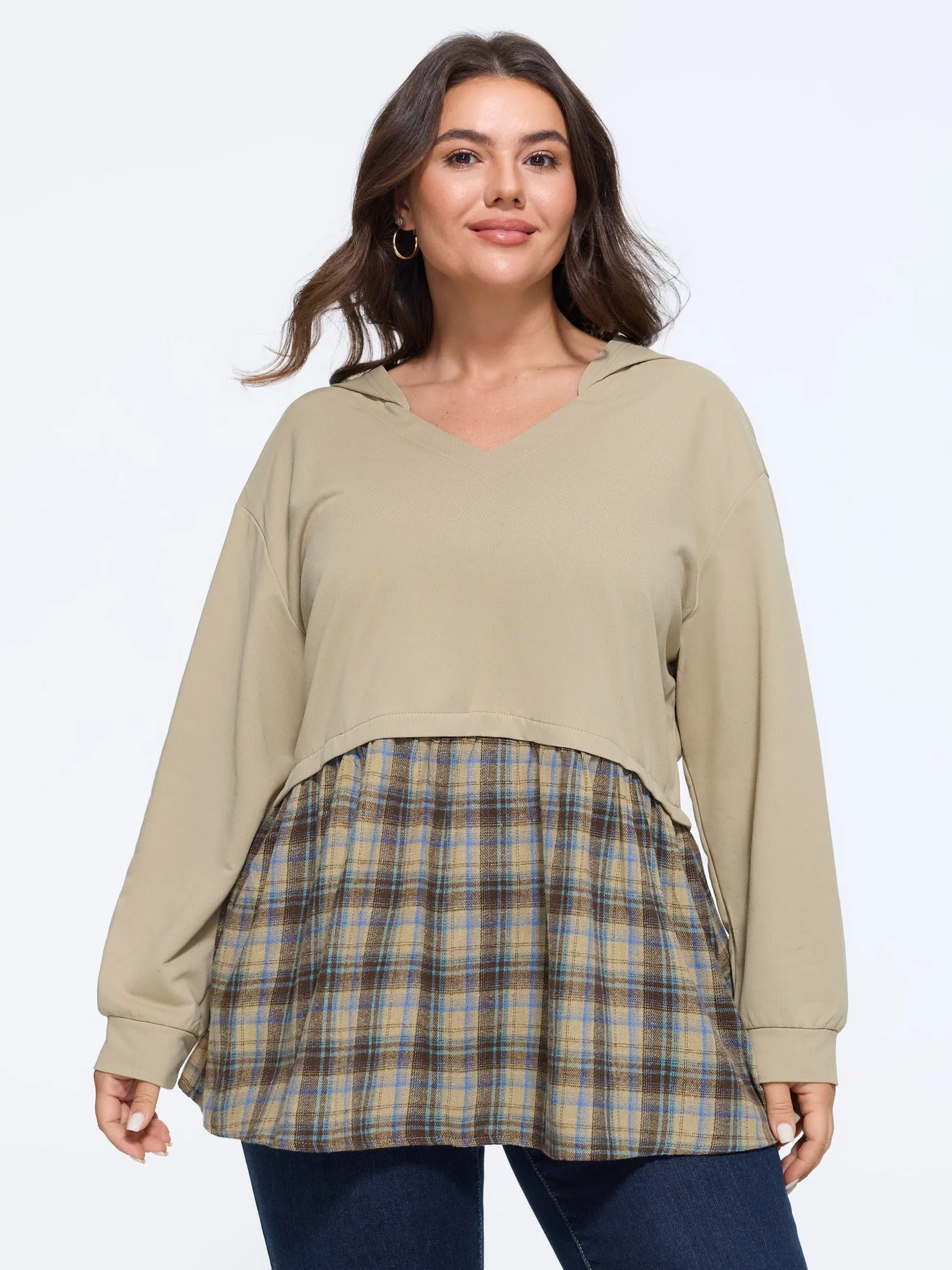 Color‑Block Plaid Patchwork Hooded Sweatshirt sold by Bloomchic