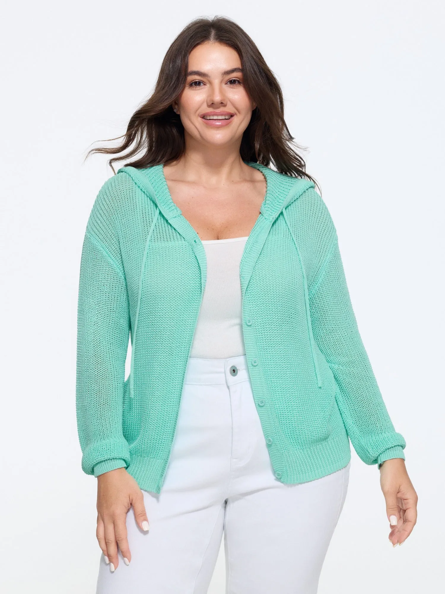 Button‑Front Breathable Drawstring Hooded Cardigan sold by Bloomchic product image thumbnail 5