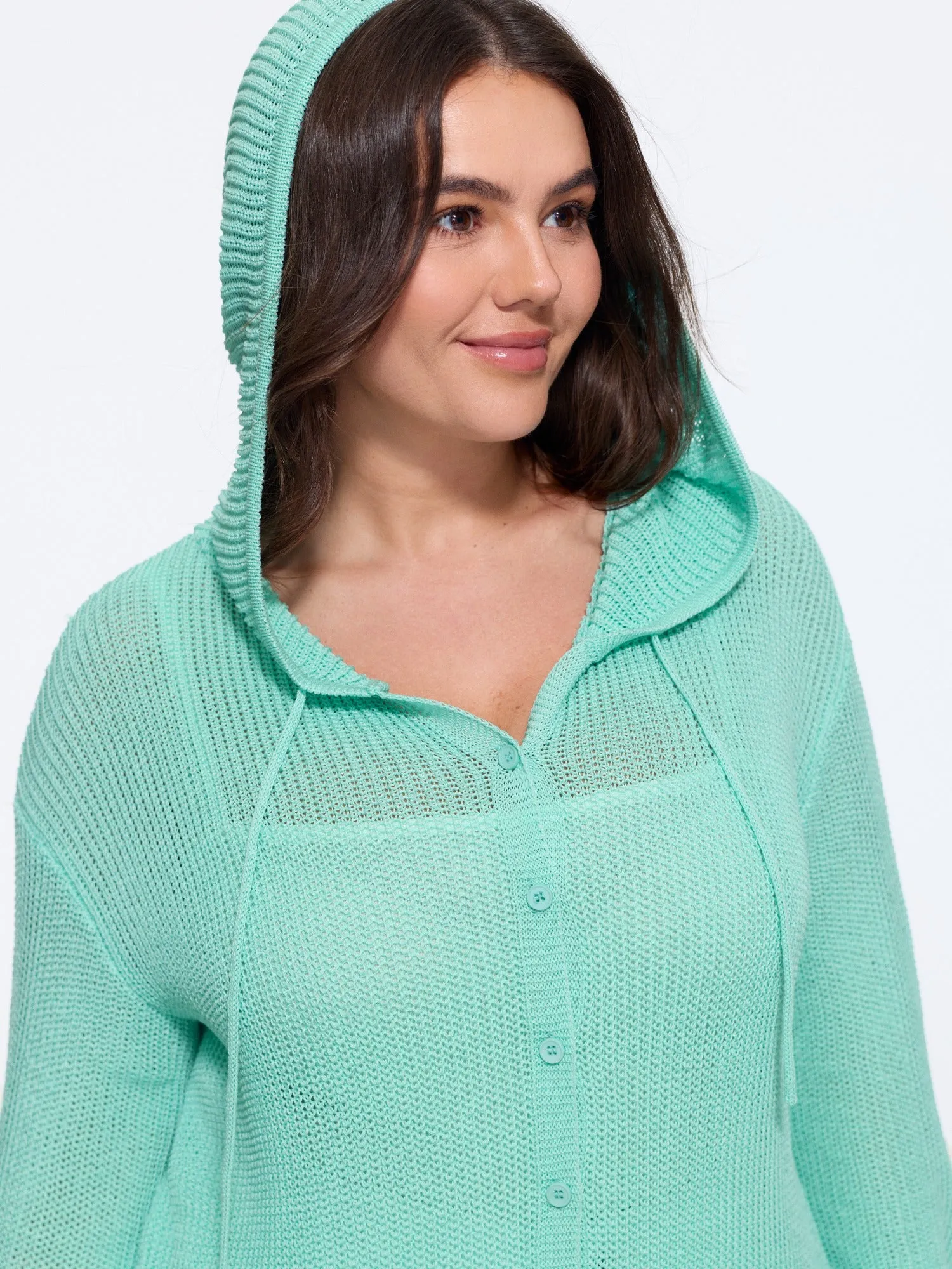Button‑Front Breathable Drawstring Hooded Cardigan sold by Bloomchic product image thumbnail 2