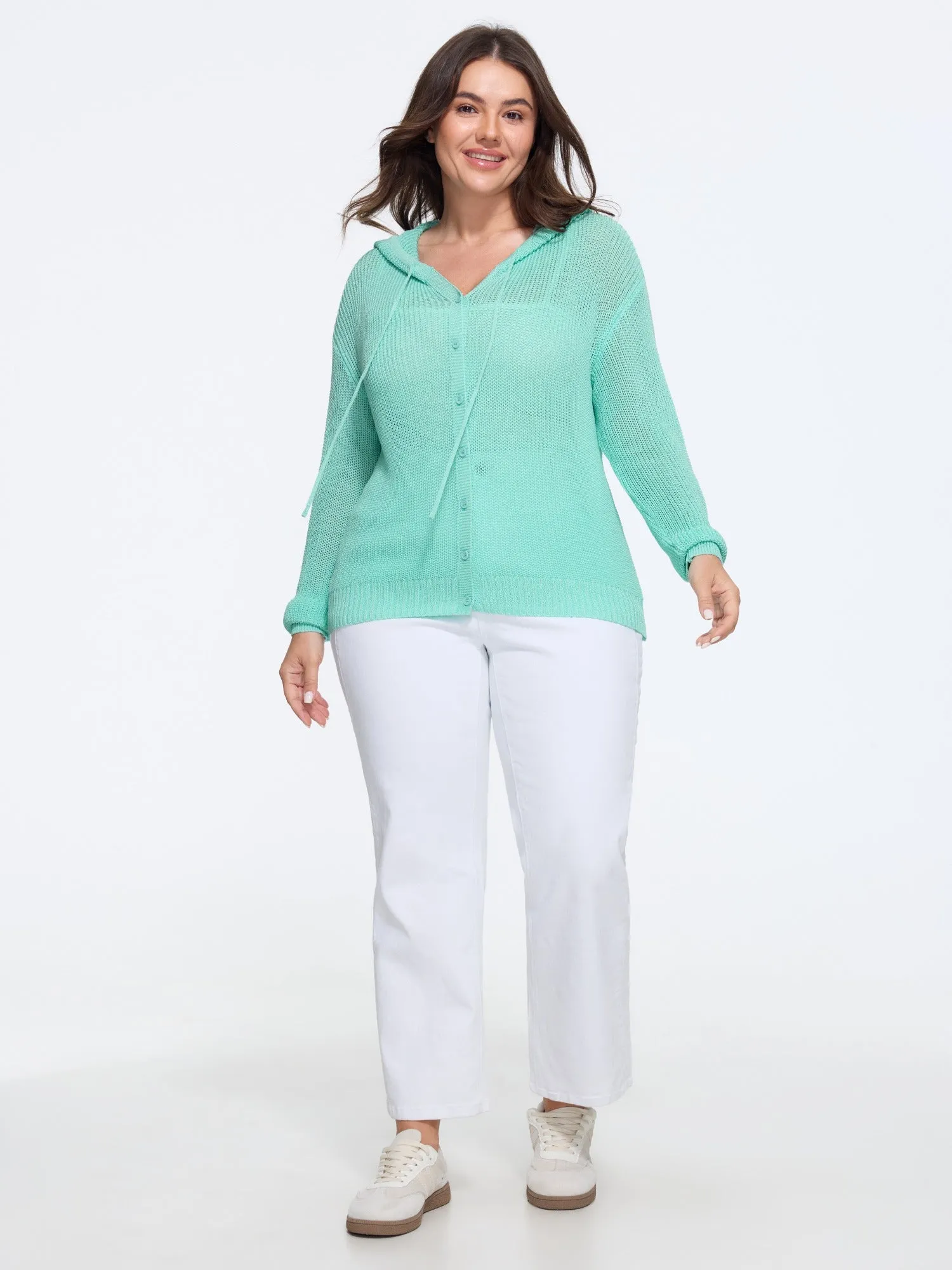 Button‑Front Breathable Drawstring Hooded Cardigan sold by Bloomchic product image thumbnail 4