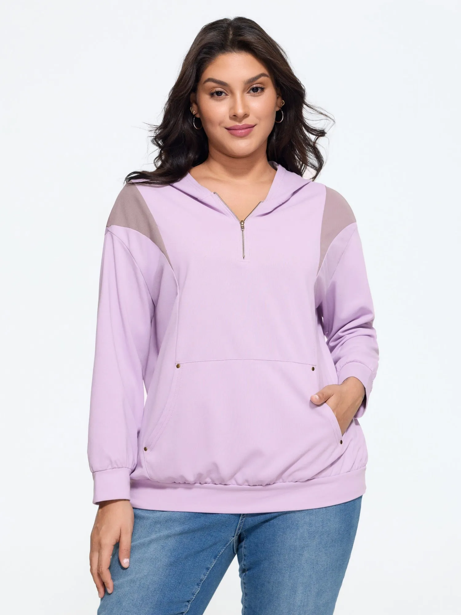 Color‑Block Half Zip Hoodie Sweatshirt sold by Bloomchic