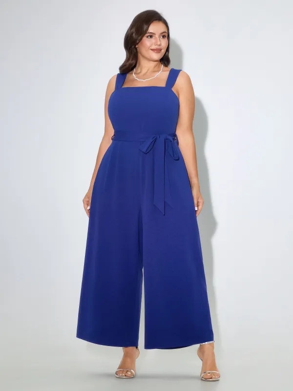 Solid Square Neck Sleeveless Belted Wide Leg Jumpsuit made by Bloomchic