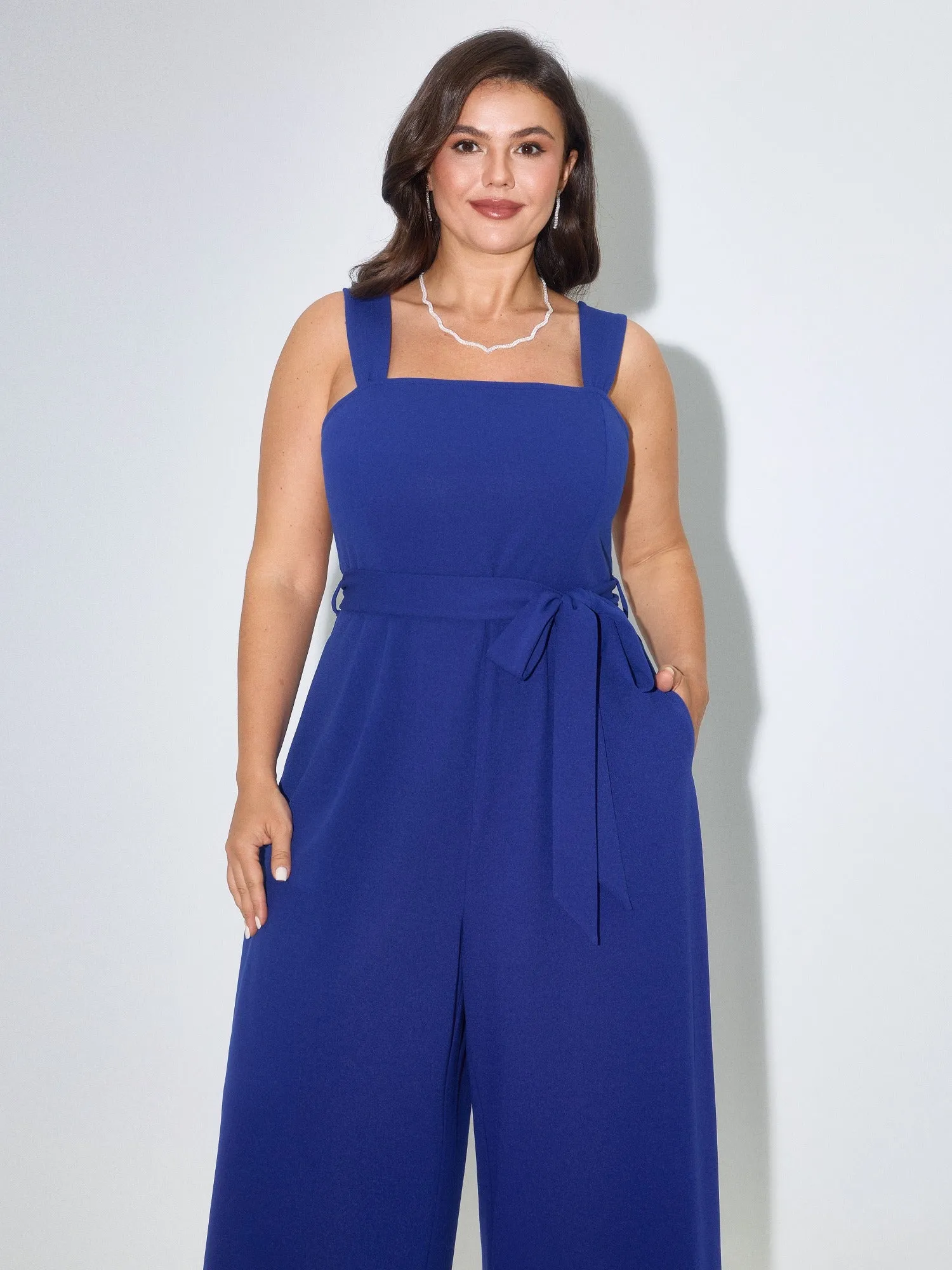 Solid Square Neck Sleeveless Belted Wide Leg Jumpsuit sold by Bloomchic product image thumbnail 4