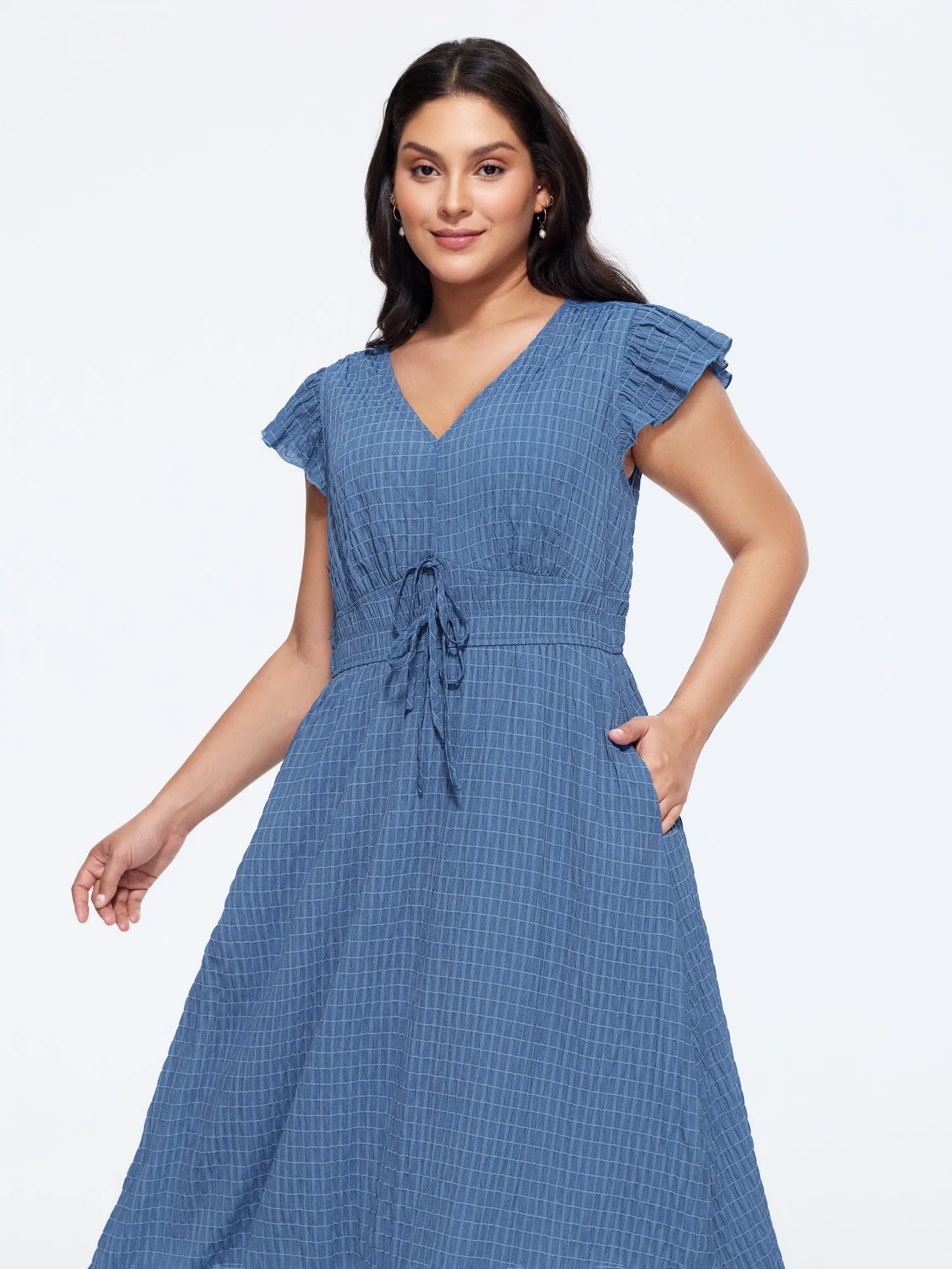 Textured V‑Neck Ruffle Sleeve Shirred Waist Midi Dress sold by Bloomchic product image thumbnail 4