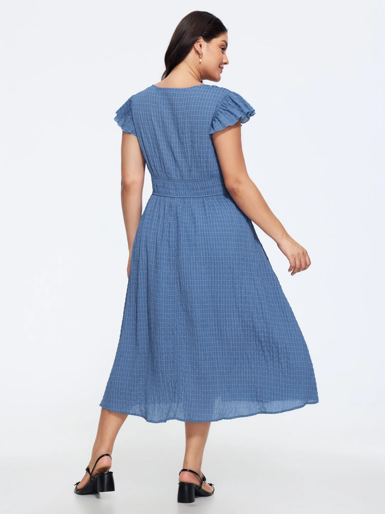 Textured V‑Neck Ruffle Sleeve Shirred Waist Midi Dress sold by Bloomchic product image thumbnail 3