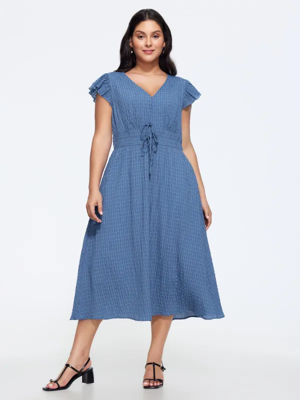 Textured V‑Neck Ruffle Sleeve Shirred Waist Midi Dress made by Bloomchic