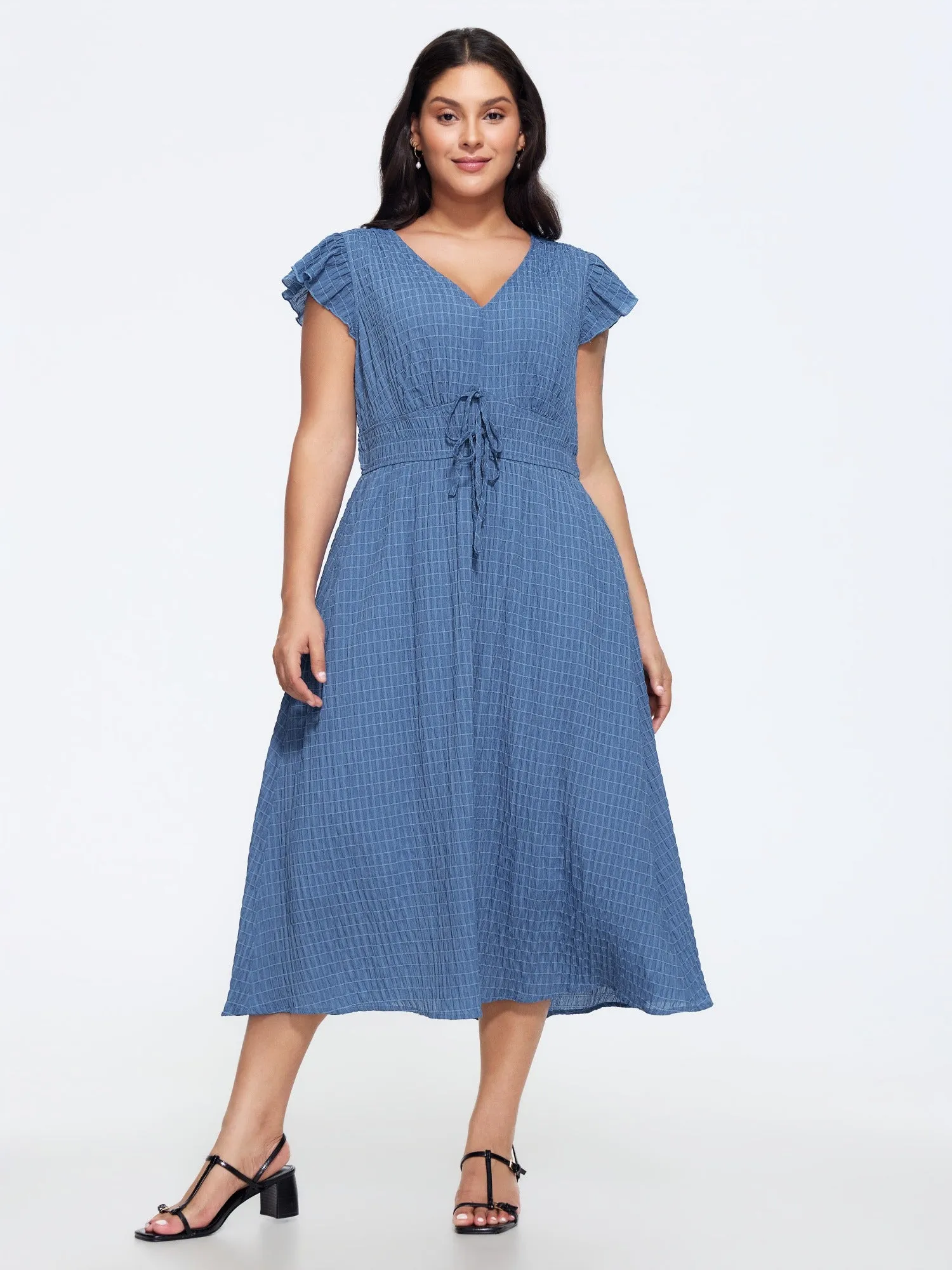 Textured V‑Neck Ruffle Sleeve Shirred Waist Midi Dress sold by Bloomchic
